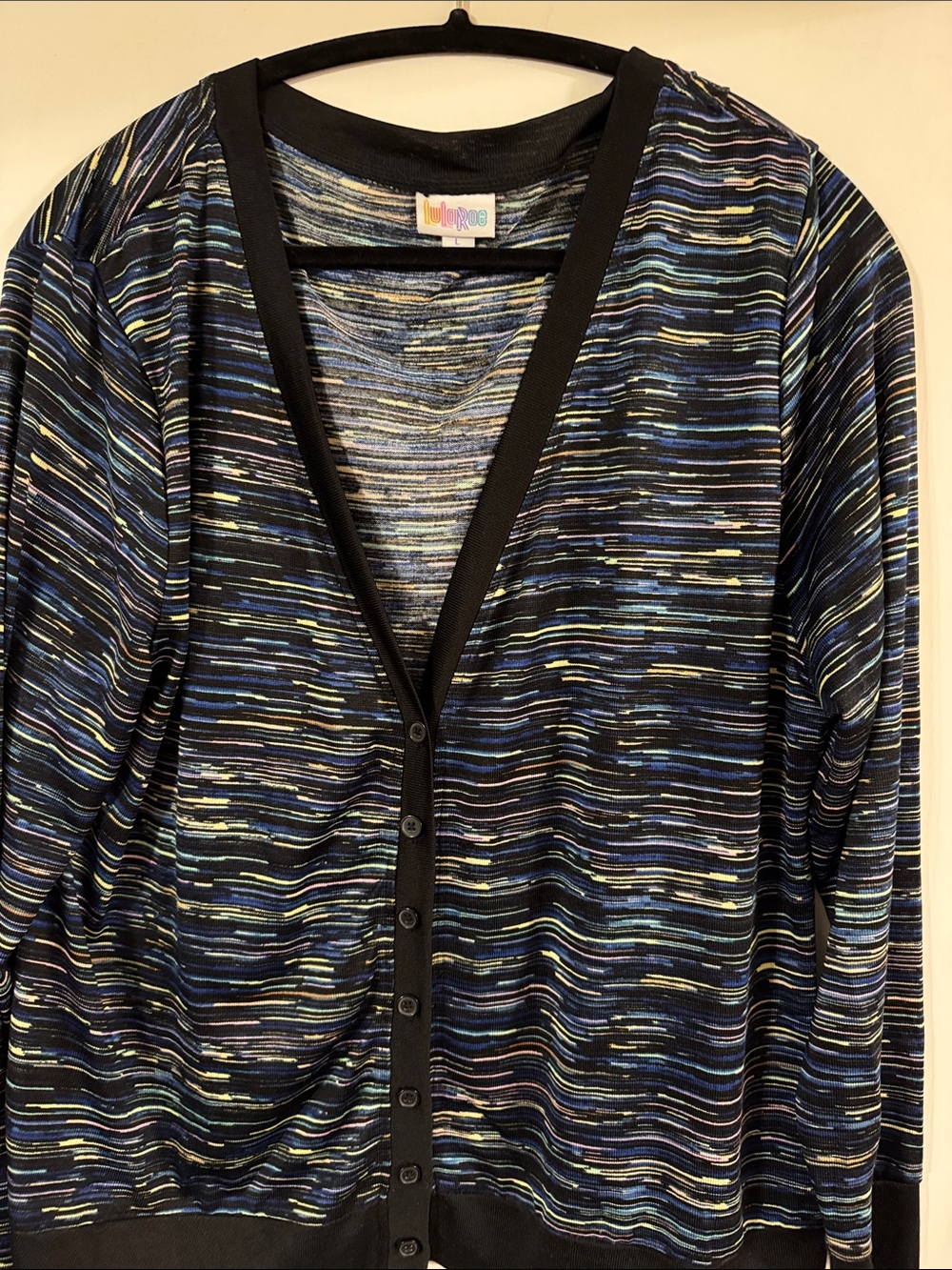 LuLaRoe Striped V-Neck Button Cardigan in Black with Blue and Yellow Accents, La